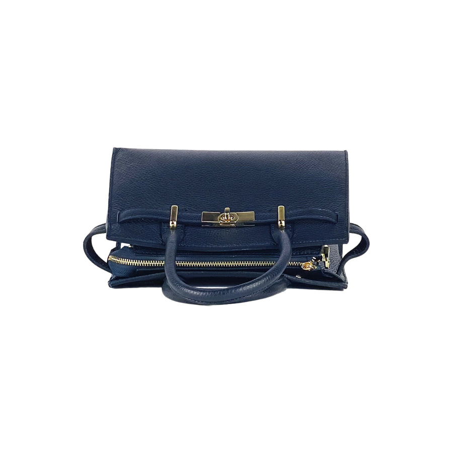 RB1016D | Borsa Donna a Mano in Vera Pelle Made in Italy con tracolla removibile. Attacchi con moschettoni in metallo Oro Lucido - Colore Blu - Dimensioni: cm 28 x 20 x 14 + 12,5
