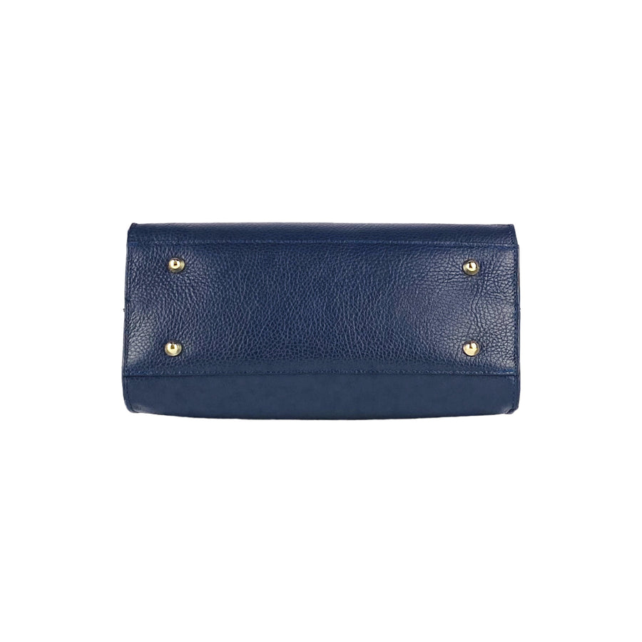 RB1016D | Borsa Donna a Mano in Vera Pelle Made in Italy con tracolla removibile. Attacchi con moschettoni in metallo Oro Lucido - Colore Blu - Dimensioni: cm 28 x 20 x 14 + 12,5