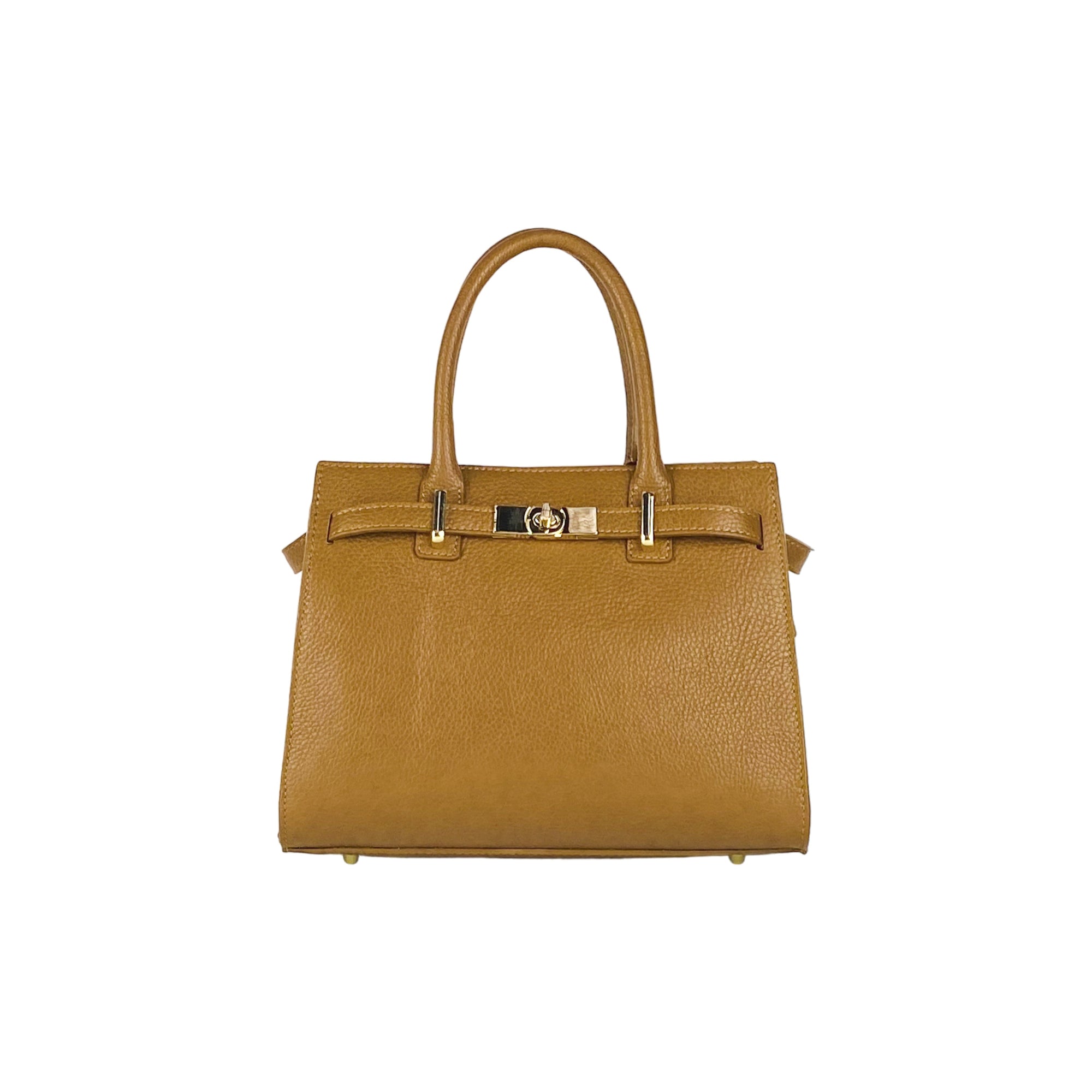 RB1016S | Borsa Donna a Mano in Vera Pelle Made in Italy con tracolla removibile. Attacchi con moschettoni in metallo Oro Lucido - Colore Cognac - Dimensioni: cm 28 x 20 x 14 + 12,5