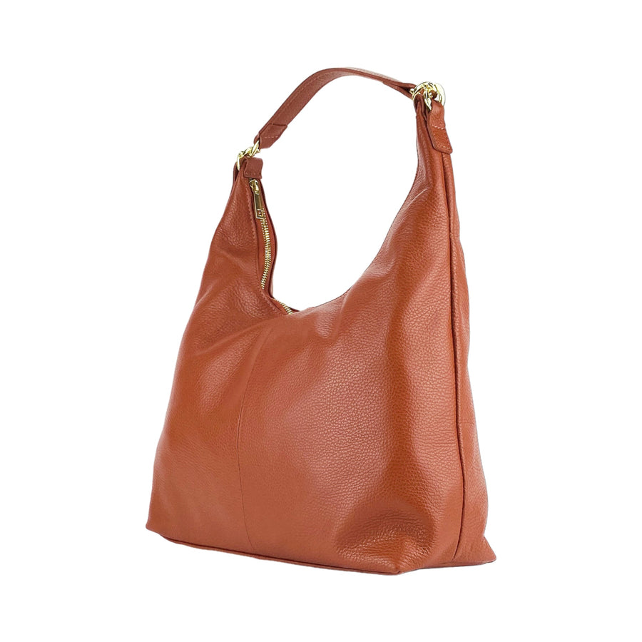 RB1017AM | Borsa Donna a spalla Morbida in Vera Pelle Made in Italy con manico singolo e tracolla removibile. Attacchi con moschettoni in metallo Oro Lucido - Colore Paprika - Dimensioni: cm 36 x 40 x 13