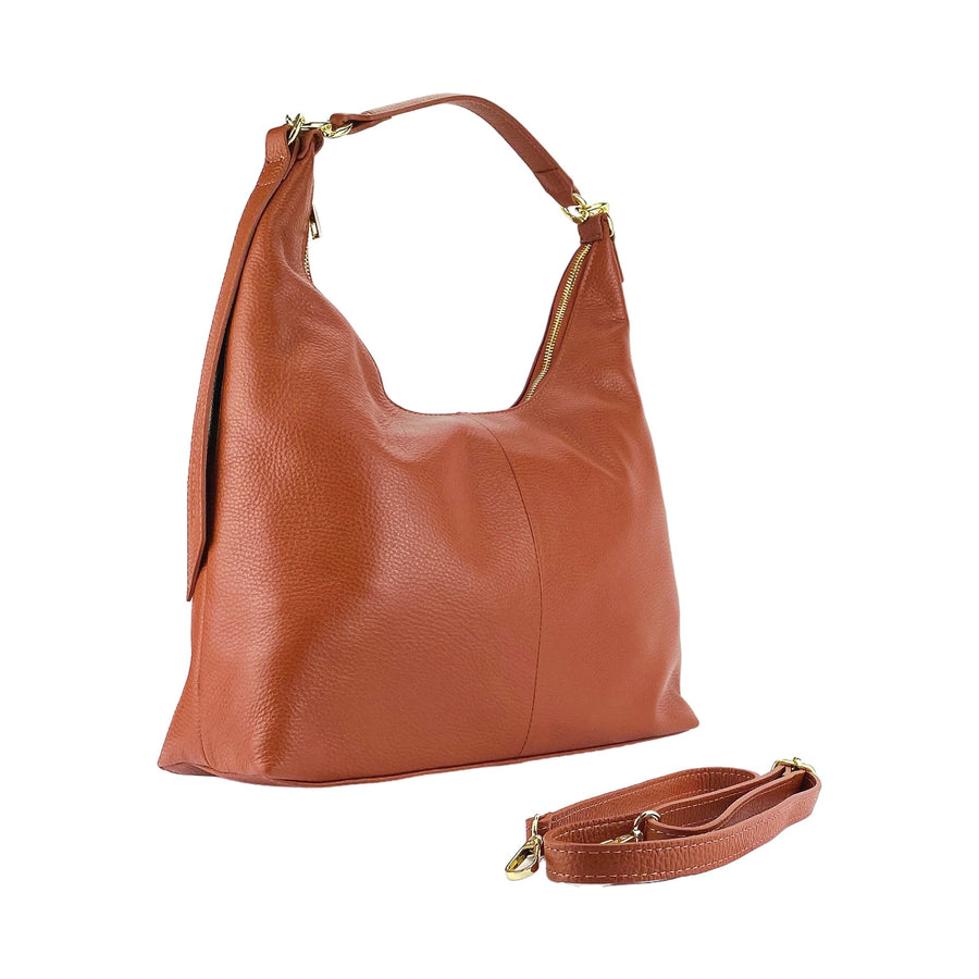 RB1017AM | Borsa Donna a spalla Morbida in Vera Pelle Made in Italy con manico singolo e tracolla removibile. Attacchi con moschettoni in metallo Oro Lucido - Colore Paprika - Dimensioni: cm 36 x 40 x 13