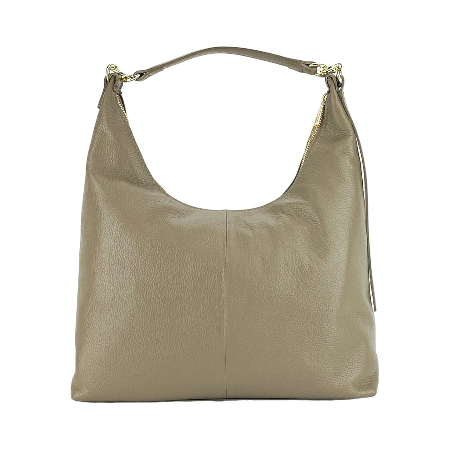 RB1017AQ | Borsa Donna a spalla Morbida in Vera Pelle Made in Italy con manico singolo e tracolla removibile. Attacchi con moschettoni in metallo Oro Lucido - Colore Taupe - Dimensioni: cm 36 x 40 x 13