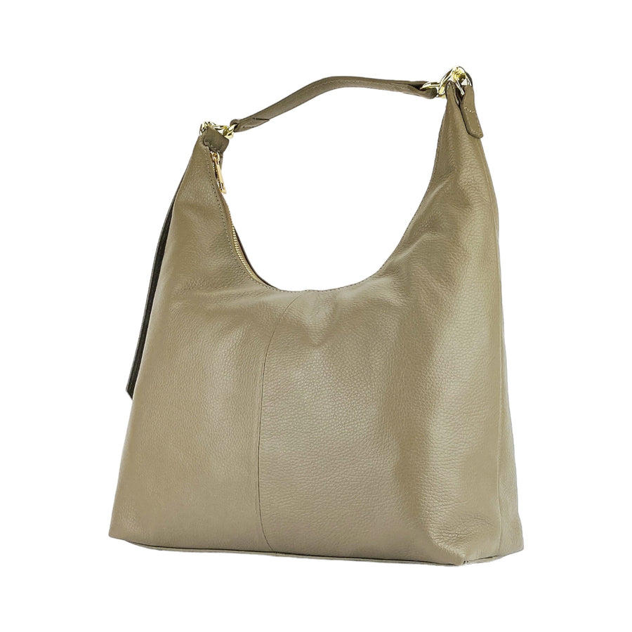 RB1017AQ | Borsa Donna a spalla Morbida in Vera Pelle Made in Italy con manico singolo e tracolla removibile. Attacchi con moschettoni in metallo Oro Lucido - Colore Taupe - Dimensioni: cm 36 x 40 x 13