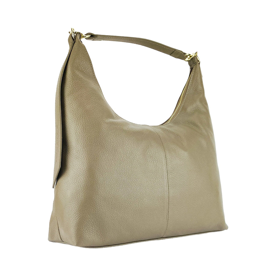 RB1017AQ | Borsa Donna a spalla Morbida in Vera Pelle Made in Italy con manico singolo e tracolla removibile. Attacchi con moschettoni in metallo Oro Lucido - Colore Taupe - Dimensioni: cm 36 x 40 x 13