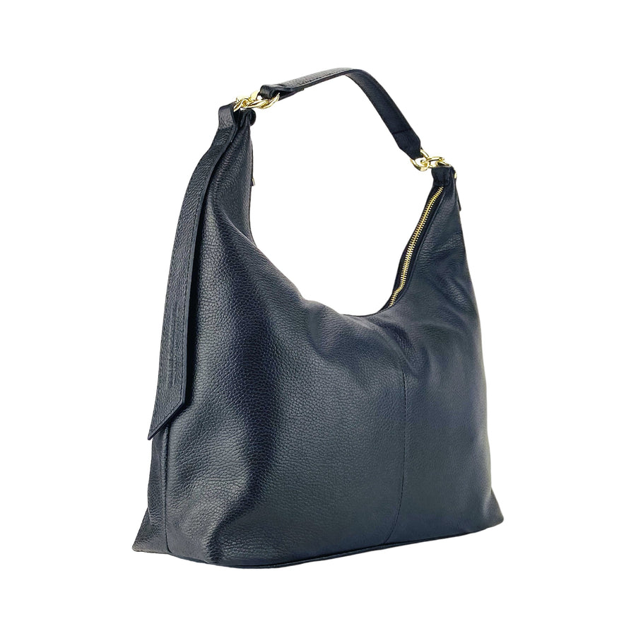 RB1017A | Borsa Donna a spalla Morbida in Vera Pelle Made in Italy con manico singolo e tracolla removibile. Attacchi con moschettoni in metallo Oro Lucido - Colore Nero - Dimensioni: cm 36 x 40 x 13