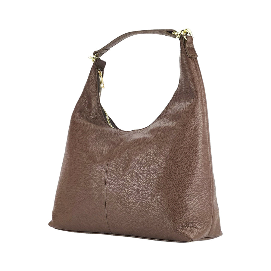 RB1017BV | Borsa Donna a spalla Morbida in Vera Pelle Made in Italy con manico singolo e tracolla removibile. Attacchi con moschettoni in metallo Oro Lucido - Colore Cioccolato - Dimensioni: cm 36 x 40 x 13