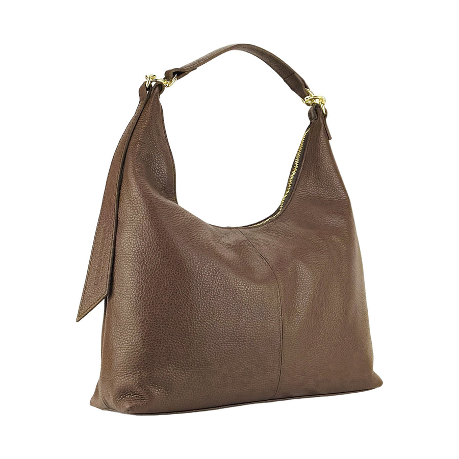 RB1017BV | Borsa Donna a spalla Morbida in Vera Pelle Made in Italy con manico singolo e tracolla removibile. Attacchi con moschettoni in metallo Oro Lucido - Colore Cioccolato - Dimensioni: cm 36 x 40 x 13