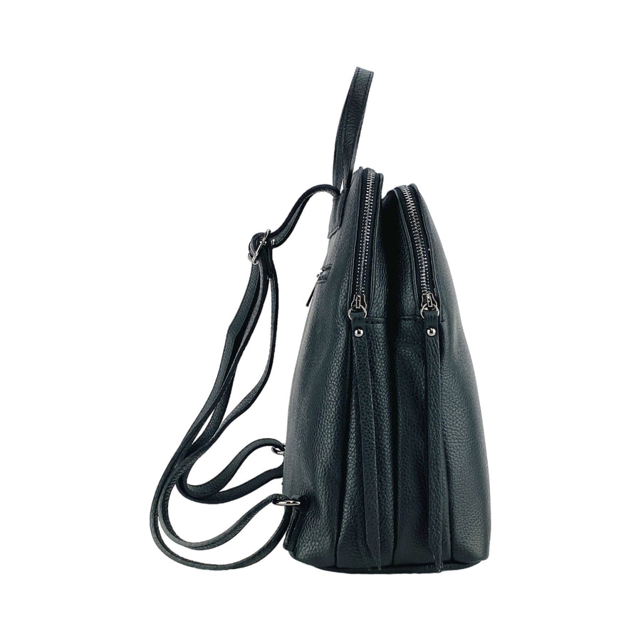 RB1018A | Zaino Donna Doppio scomparto in Vera Pelle Made in Italy con spallacci regolabili. Accessori in metallo Canna di Fucile - Colore Nero - Dimensioni: cm 26 x 30 x 14,5