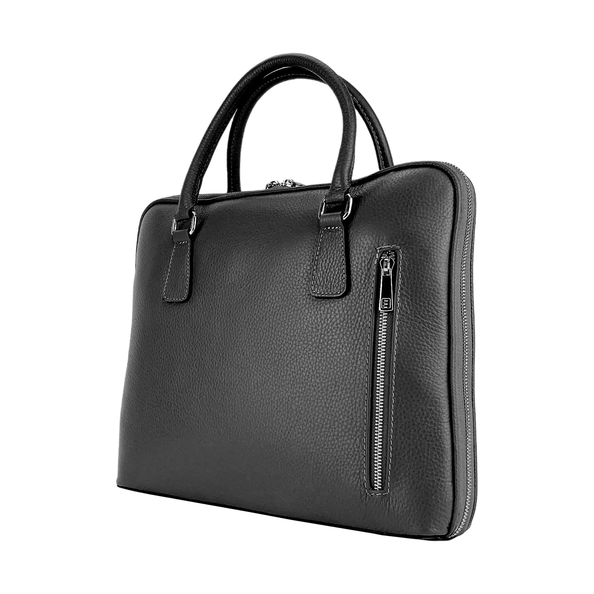 Unisex Business Leather Briefcase Made in Italy - Premium Dollar Grain Leather, Black, Nickel Zipper & Handles by Kailimood.store at brixbailey.com