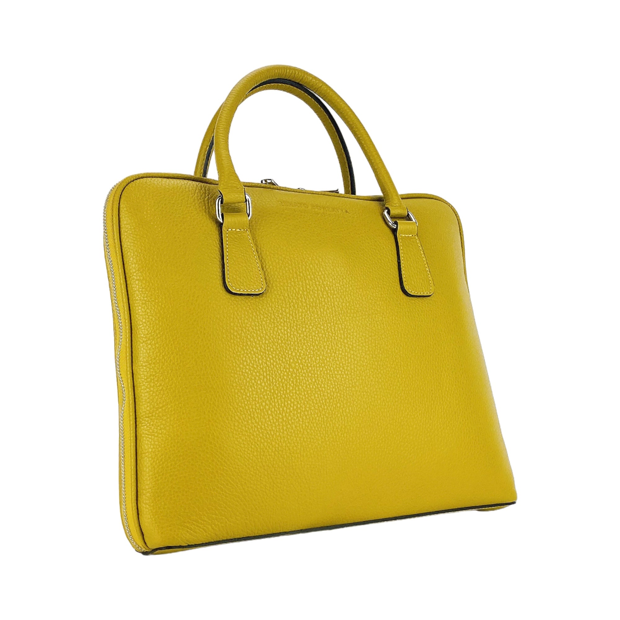 Unisex Mustard Yellow Business Briefcase in Genuine Dollar Grain Leather - Made in Italy | 36x29x6.5 cm | Zipper Closure &amp; Notebook Pocket by Kailimood.store at brixbailey.com