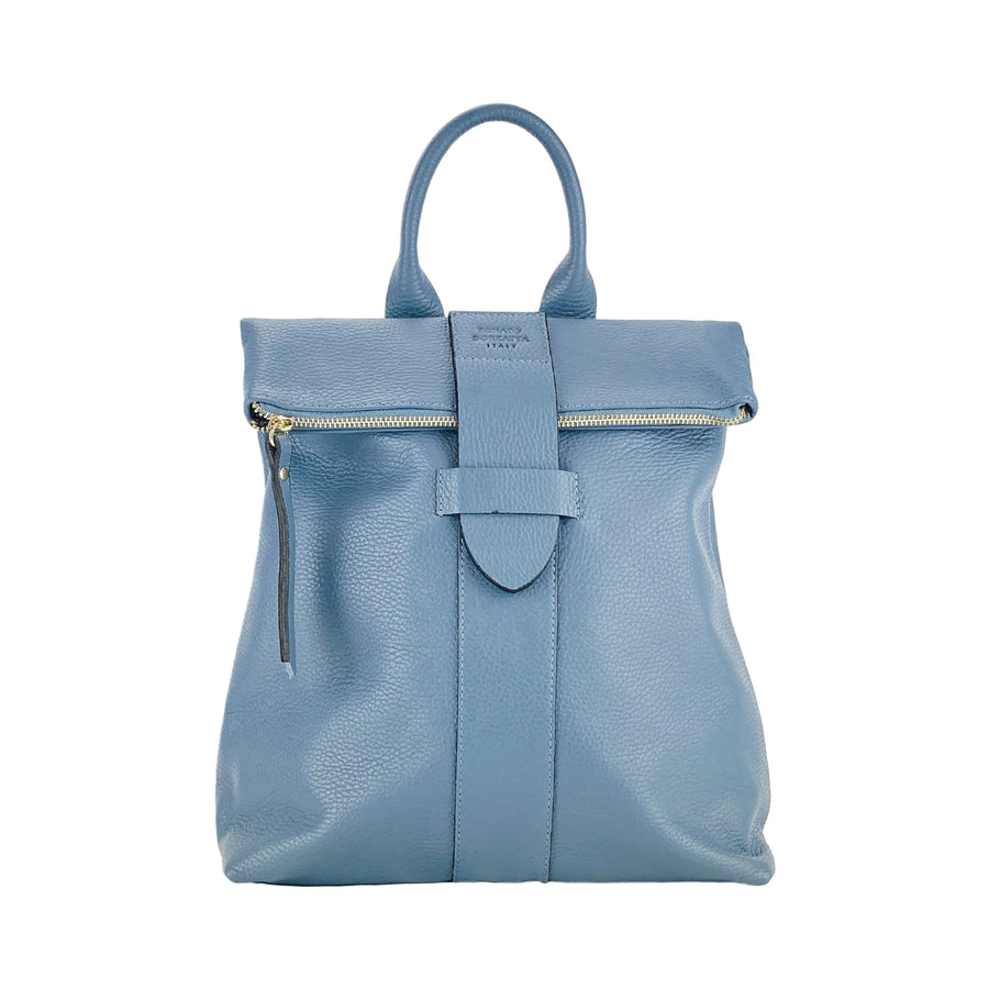 RB1021P | Zaino Donna Morbido in Vera Pelle Made in Italy con Spallacci regolabili. Chiusura lampo e Accessori in metallo Oro Lucido - Colore Avio - Dimensioni: cm 30 x 34 x 10,5