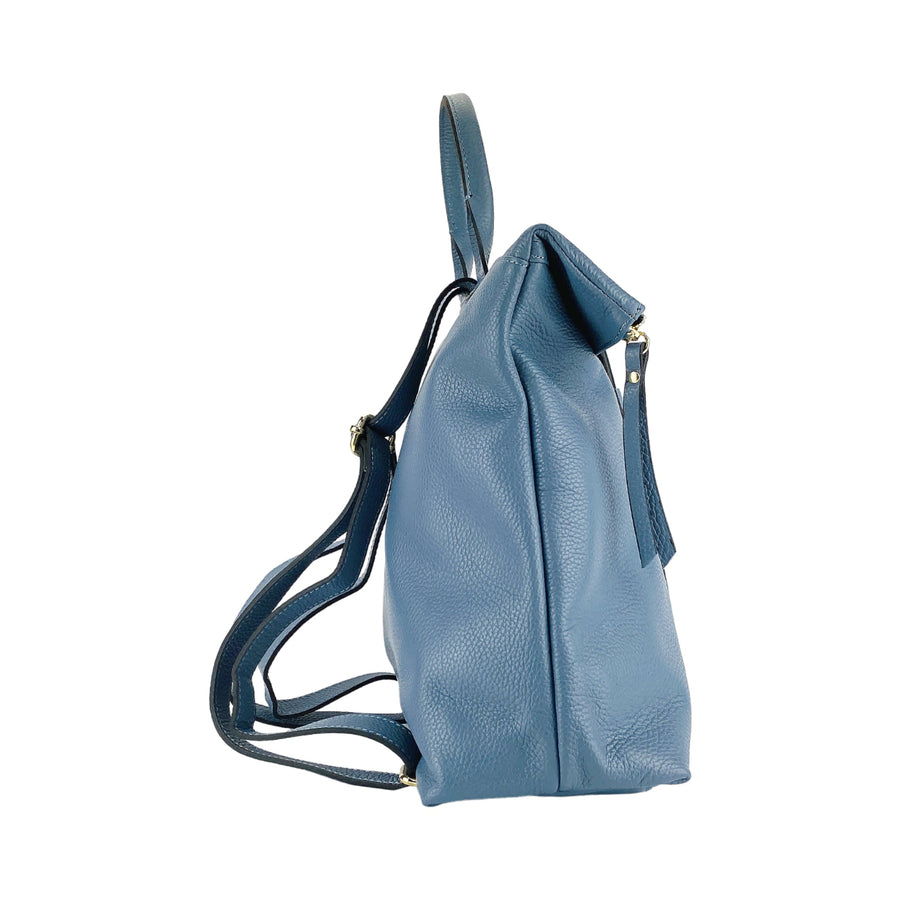 RB1021P | Zaino Donna Morbido in Vera Pelle Made in Italy con Spallacci regolabili. Chiusura lampo e Accessori in metallo Oro Lucido - Colore Avio - Dimensioni: cm 30 x 34 x 10,5