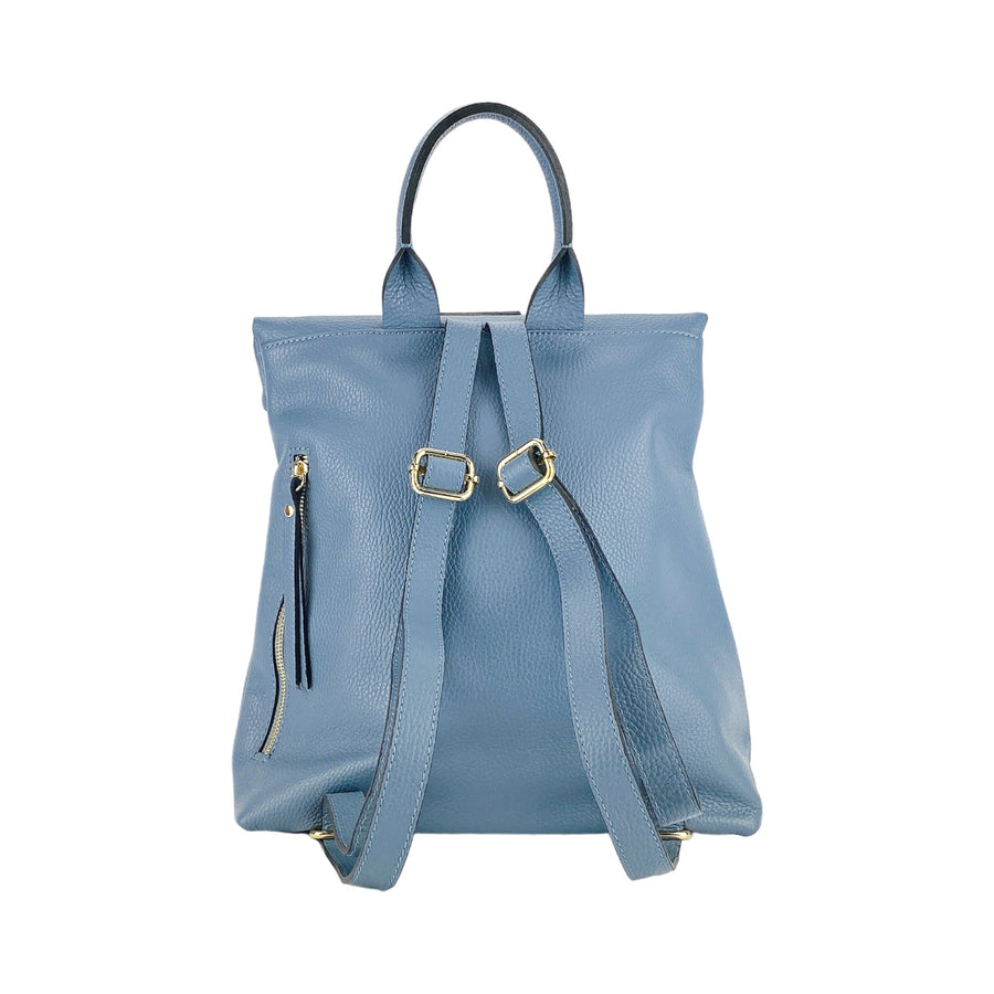 RB1021P | Zaino Donna Morbido in Vera Pelle Made in Italy con Spallacci regolabili. Chiusura lampo e Accessori in metallo Oro Lucido - Colore Avio - Dimensioni: cm 30 x 34 x 10,5