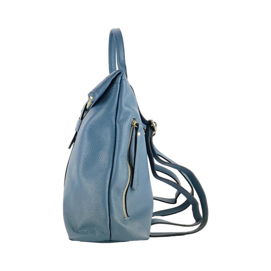 RB1021P | Zaino Donna Morbido in Vera Pelle Made in Italy con Spallacci regolabili. Chiusura lampo e Accessori in metallo Oro Lucido - Colore Avio - Dimensioni: cm 30 x 34 x 10,5