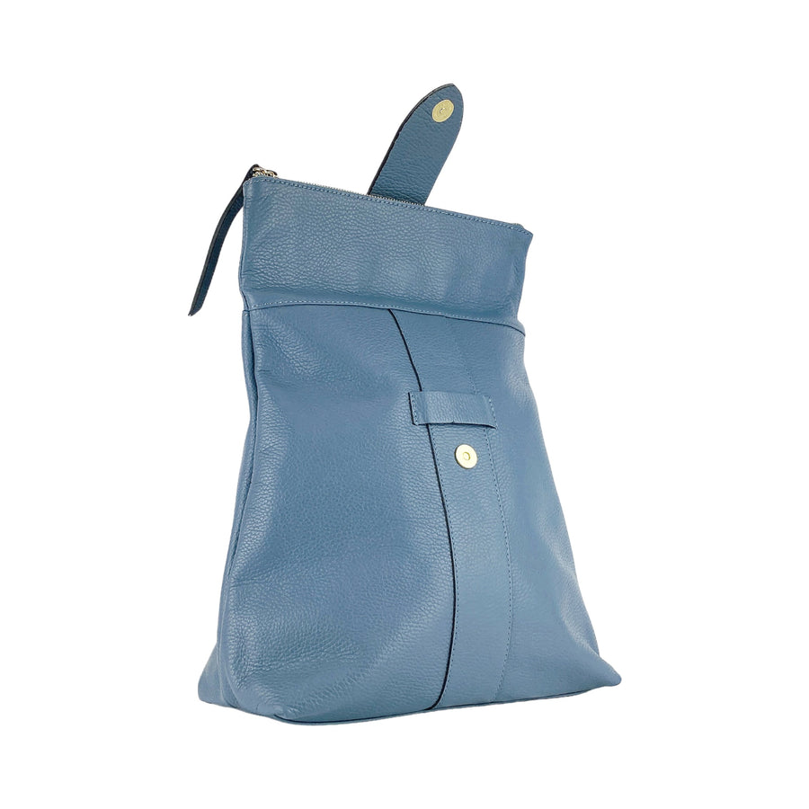 RB1021P | Zaino Donna Morbido in Vera Pelle Made in Italy con Spallacci regolabili. Chiusura lampo e Accessori in metallo Oro Lucido - Colore Avio - Dimensioni: cm 30 x 34 x 10,5