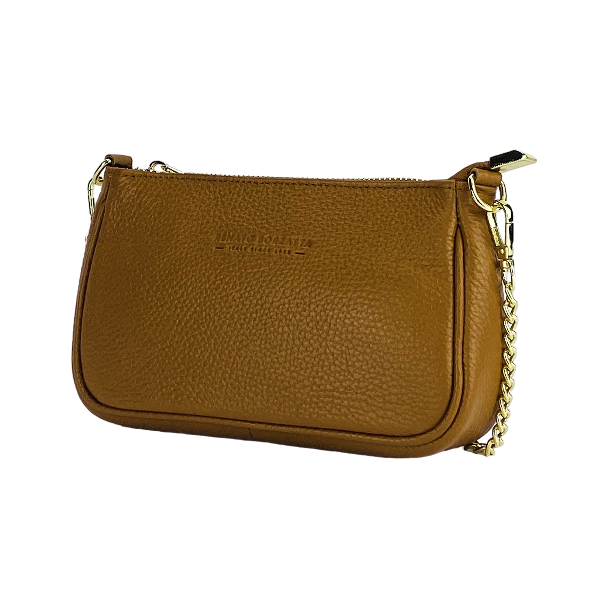 Mini Bag with Gold Metal Chain Strap - Genuine Leather Cognac - Made in Italy by Kailimood.store at brixbailey.com