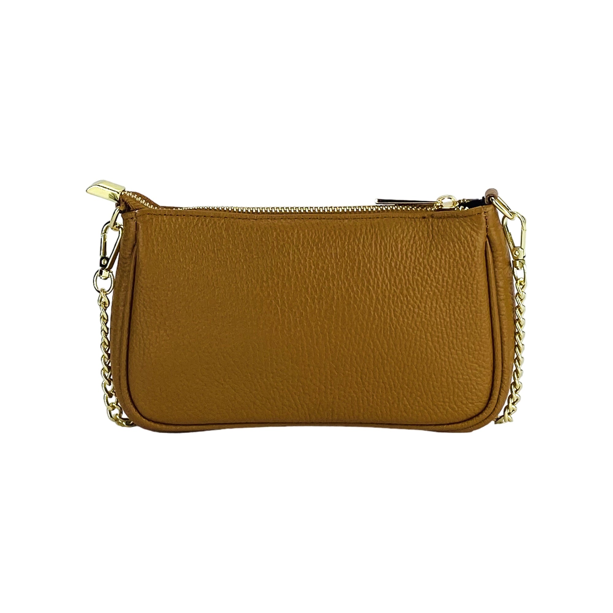 Italian Mini Bag with Gold Chain Strap - Genuine Leather Cognac - Made in Italy - 20x12x6 cm by Kailimood.store at brixbailey.com