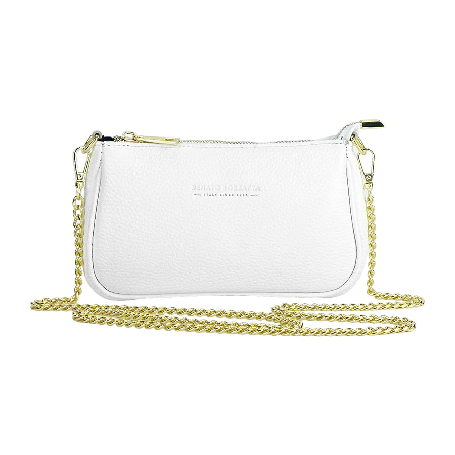 RB1022W | Borsa Piccola in Vera Pelle Made in Italy con Tracolla a catena removibile. Chiusura con lampo e Accessori in metallo Oro Lucido - Colore Bianco - Dimensioni: cm 20 x 12 x 6