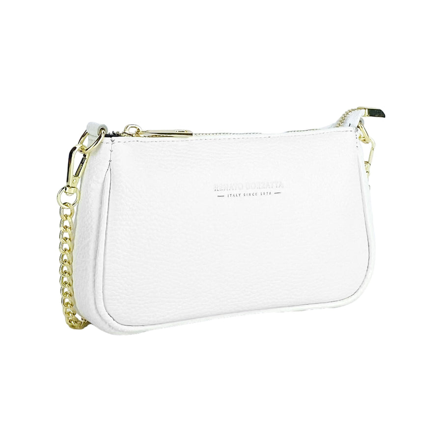 RB1022W | Borsa Piccola in Vera Pelle Made in Italy con Tracolla a catena removibile. Chiusura con lampo e Accessori in metallo Oro Lucido - Colore Bianco - Dimensioni: cm 20 x 12 x 6