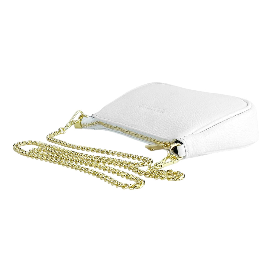 RB1022W | Borsa Piccola in Vera Pelle Made in Italy con Tracolla a catena removibile. Chiusura con lampo e Accessori in metallo Oro Lucido - Colore Bianco - Dimensioni: cm 20 x 12 x 6