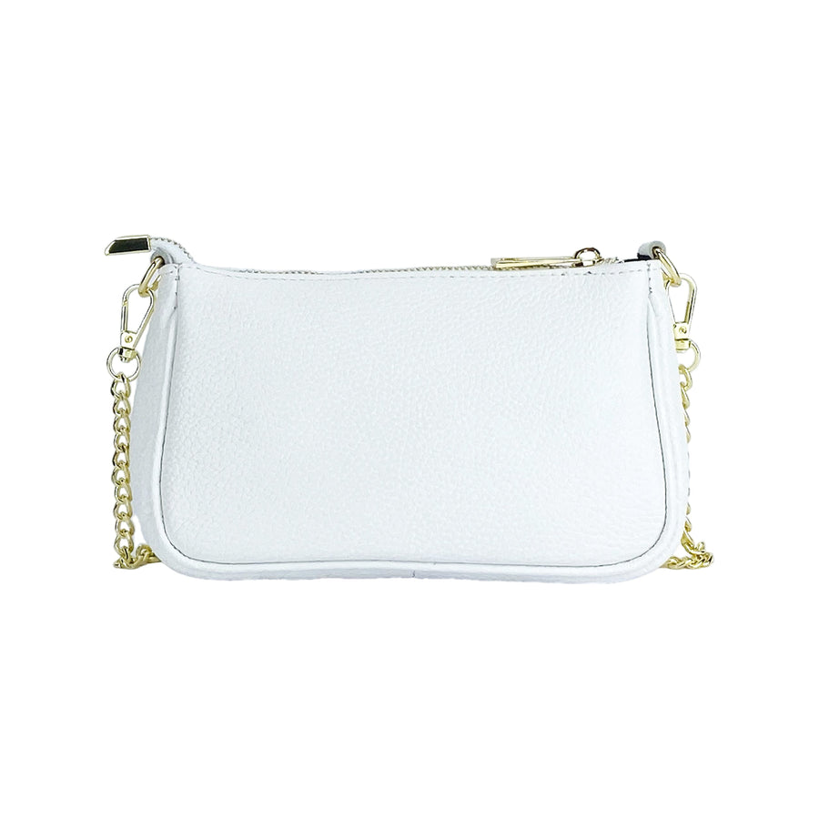 RB1022W | Borsa Piccola in Vera Pelle Made in Italy con Tracolla a catena removibile. Chiusura con lampo e Accessori in metallo Oro Lucido - Colore Bianco - Dimensioni: cm 20 x 12 x 6