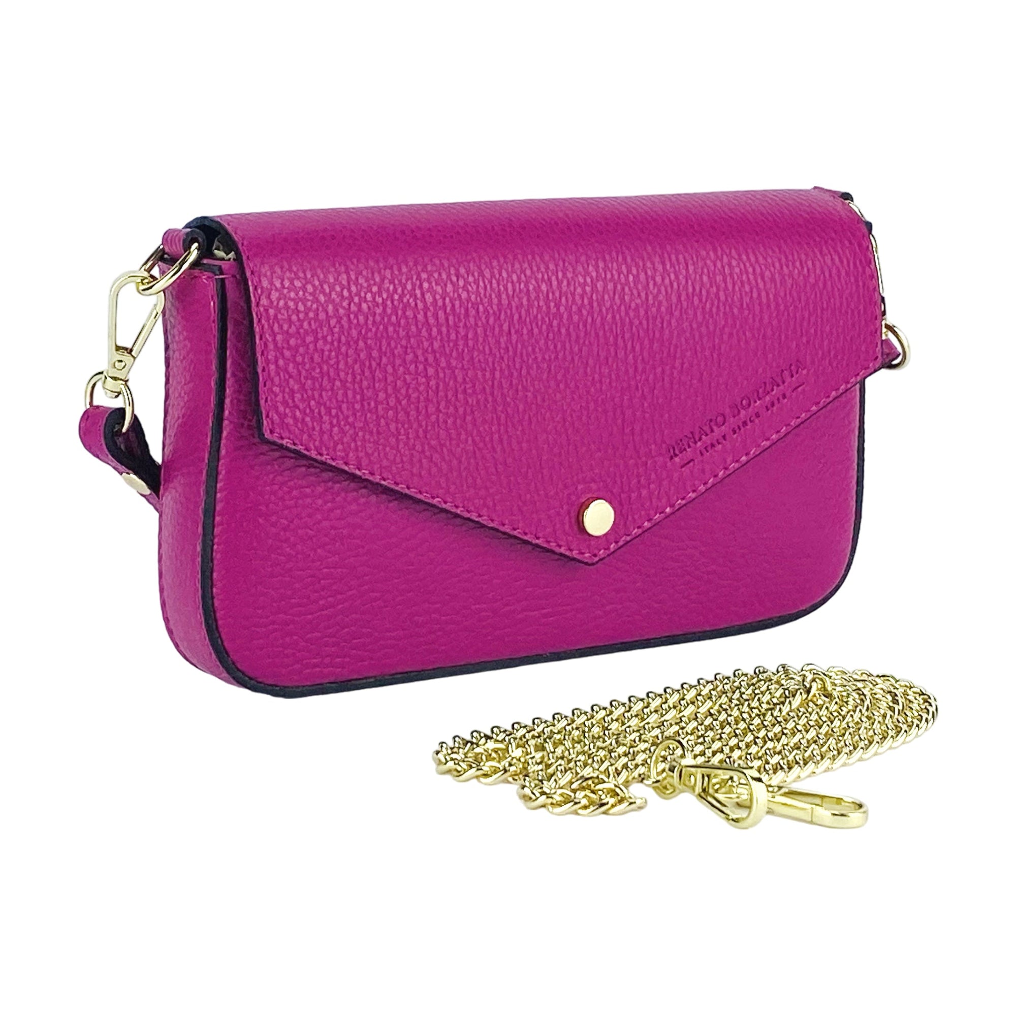 Renato Borzatta Italy Shoulder Bag - Fuchsia Genuine Leather Mini Bag with Removable Gold Chain Strap by Kailimood.store at brixbailey.com