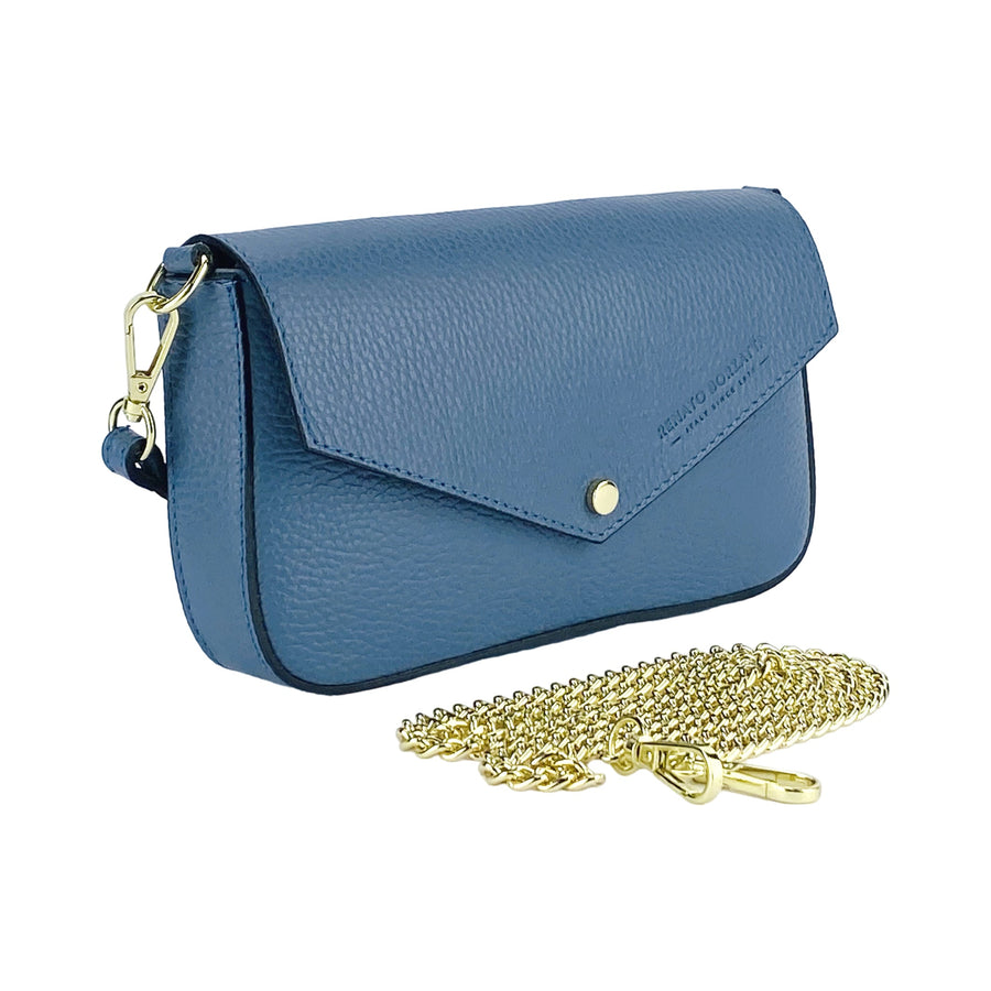 RB1023P | Borsa piccola a Spalla con Tracolla a catena removibile in Vera Pelle Made in Italy. Pattina di Chiusura. Accessori in metallo Oro Lucido - Colore Avio - Dimensioni: cm 22 x 12 x 3