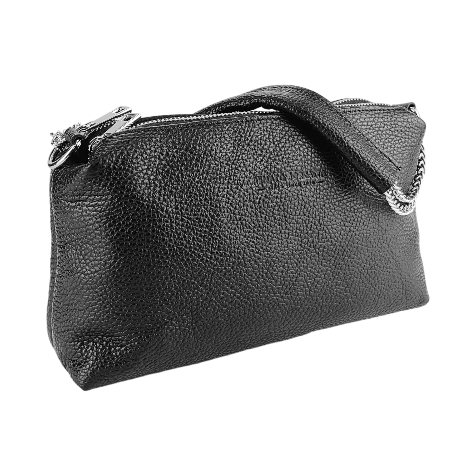 Italian Double Zip Leather Handbag for Women - Made in Italy - Genuine Leather - Black - Chain Handle - Adjustable Strap - Elegant &amp; Fashionable by Kailimood.store at brixbailey.com