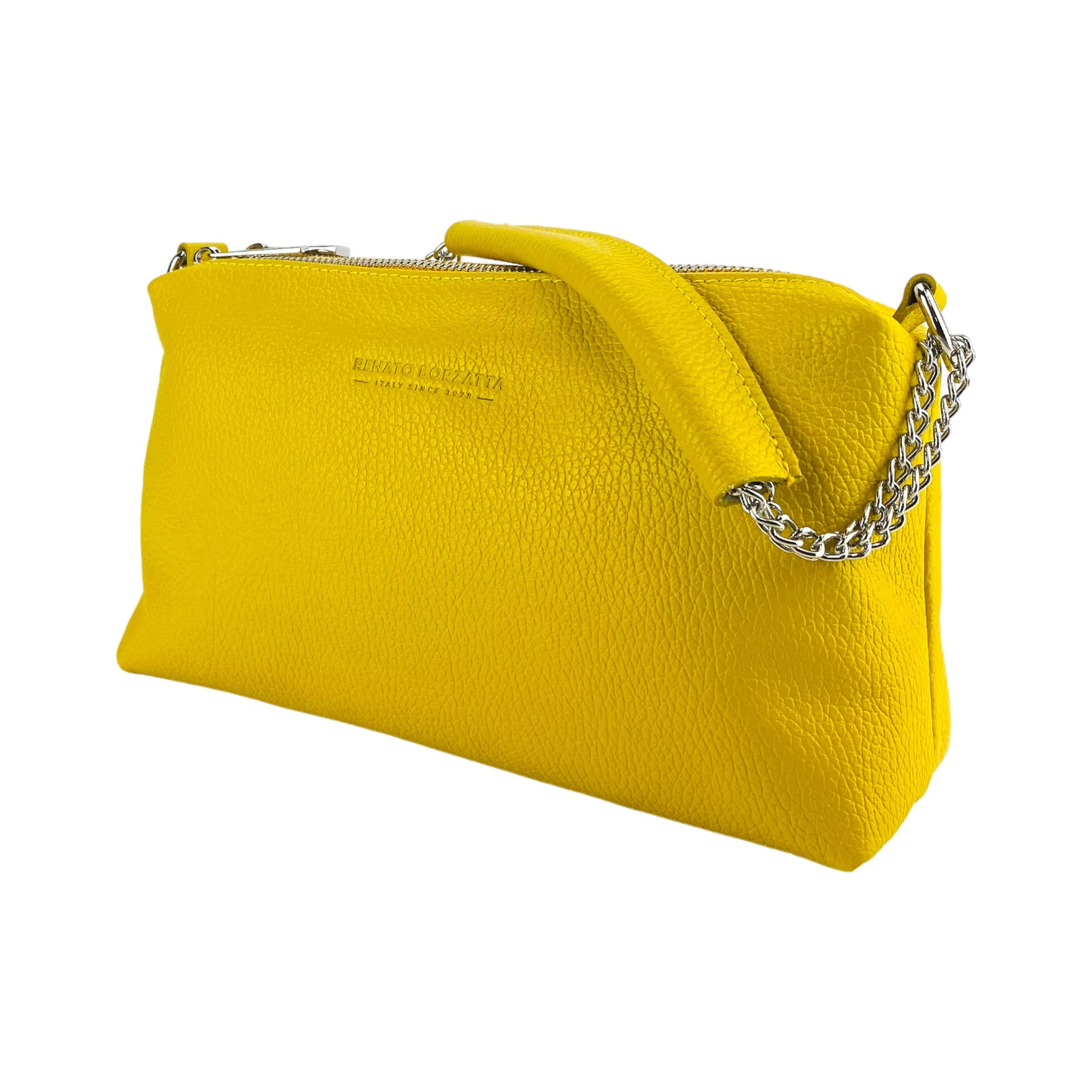 Yellow Leather Zip Top Handbag with Chain Handle - Made in Italy - Double Compartment &amp; Adjustable Strap by Kailimood.store at brixbailey.com
