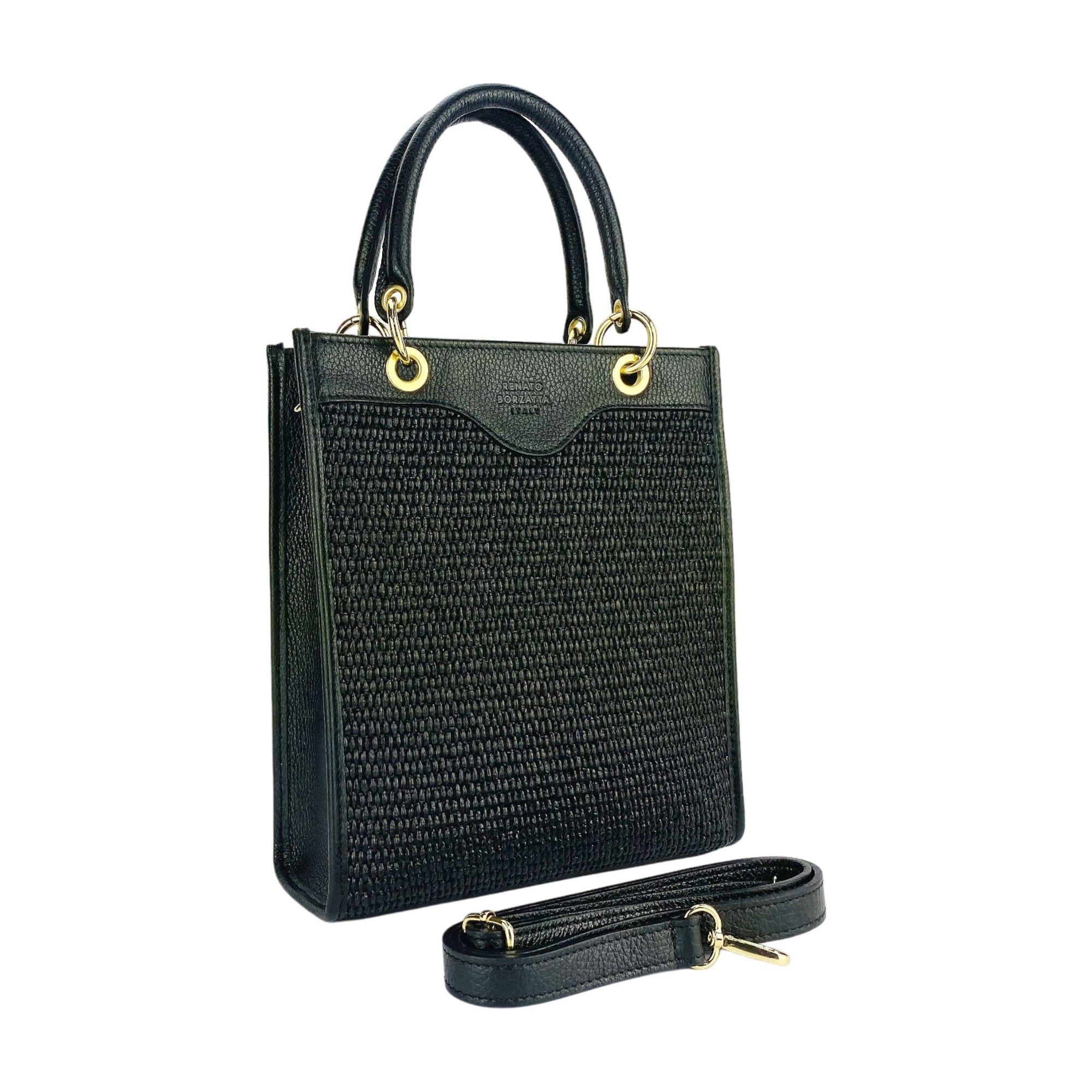 Vertical Handbag with Removable Shoulder Strap - Genuine Leather &amp; Straw - Made in Italy - Elegant Black Design by Kailimood.store at brixbailey.com