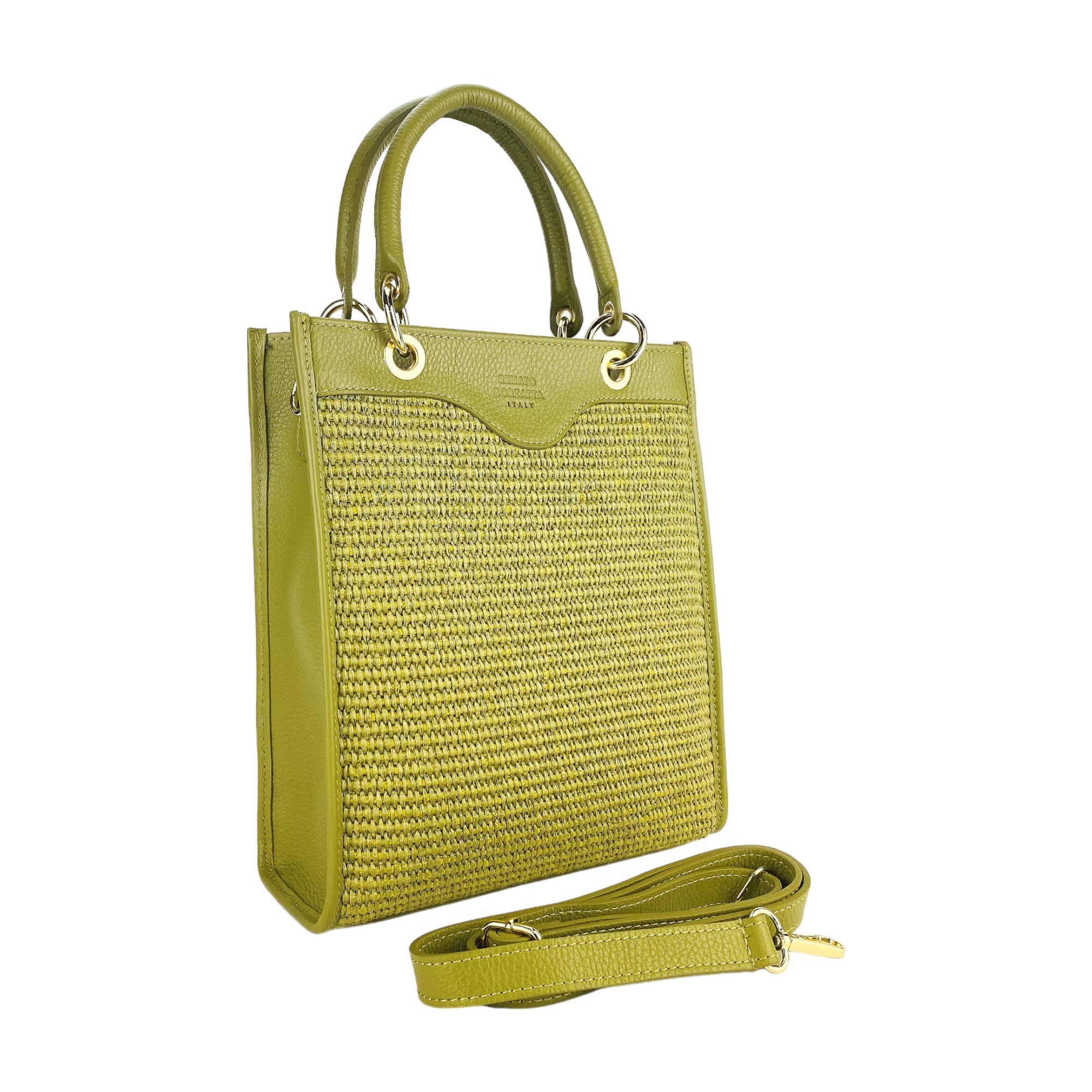 Vertical Handbag for Women in Genuine Leather &amp; Straw - Made in Italy - Pistachio Color - Removable Shoulder Strap by Kailimood.store at brixbailey.com