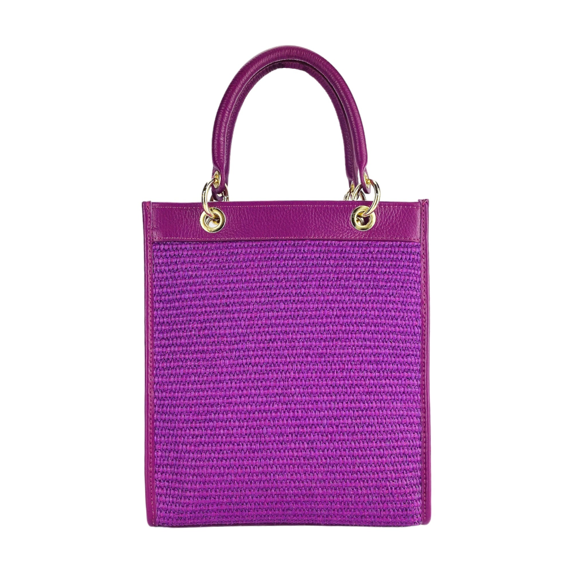 Vertical Handbag for Women in Genuine Leather &amp; Straw - Made in Italy - Raspberry Color, Adjustable Strap, Gold Hardware by Kailimood.store at brixbailey.com