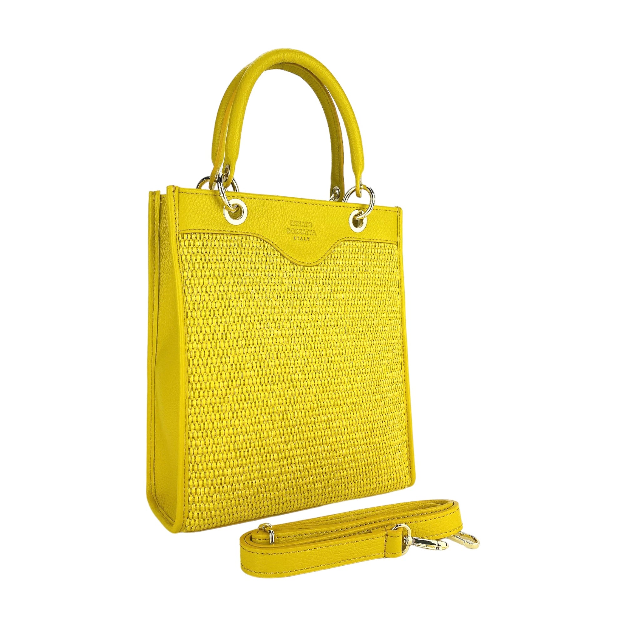Vertical Handbag for Women with Removable Shoulder Strap - Made in Italy Genuine Leather &amp; Straw - Elegant Yellow Fashion Bag by Kailimood.store at brixbailey.com