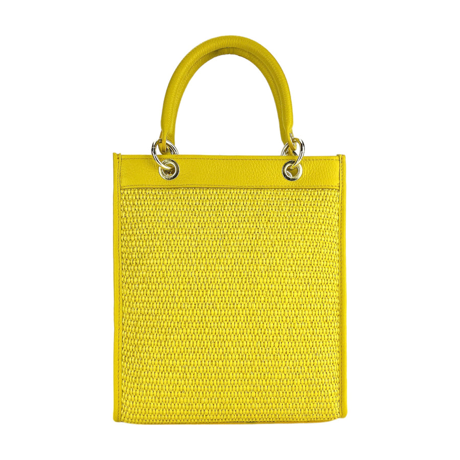 RB1026R  | Borsa Donna a mano verticale in Vera Pelle e Paglia Made in Italy. Tracolla removibile e regolabile in pelle. Accessori Oro Lucido - Colore Giallo - Dimensioni: cm 24 x 29 x 9