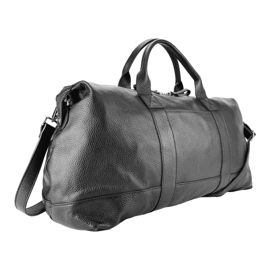 RB1029A | Borsone da Viaggio in Vera Pelle Made in Italy con Tracolla regolabile e removibile. Chiusura con lampo e Accessori in metallo Nickel Lucido - Colore Nero - Dimensioni: cm 57 x 26 x 24