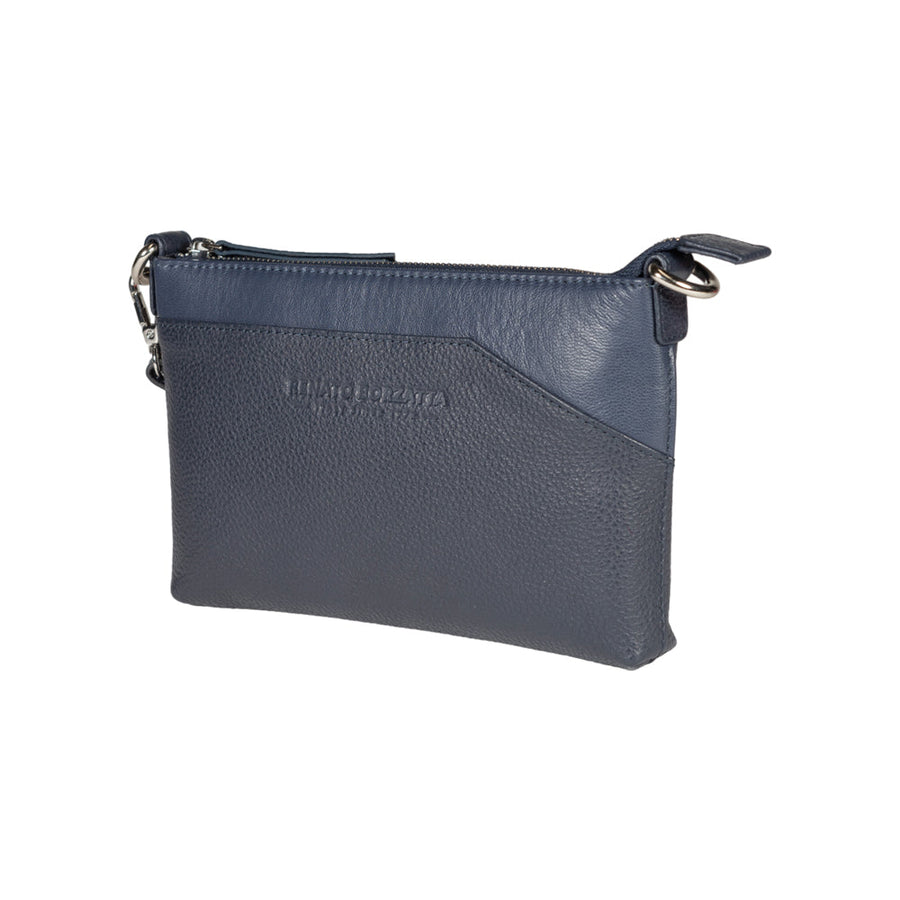 RB2003D | Borsa a Tracolla/Polso in Vera Pelle pieno fiore, grana dollaro/leggera. Tracolla e maniglia removibili. Colore Blu. Dimensioni: cm 22 x 14 x 2,5. Confezione: Sacchetto in Tessuto non Tessuto
