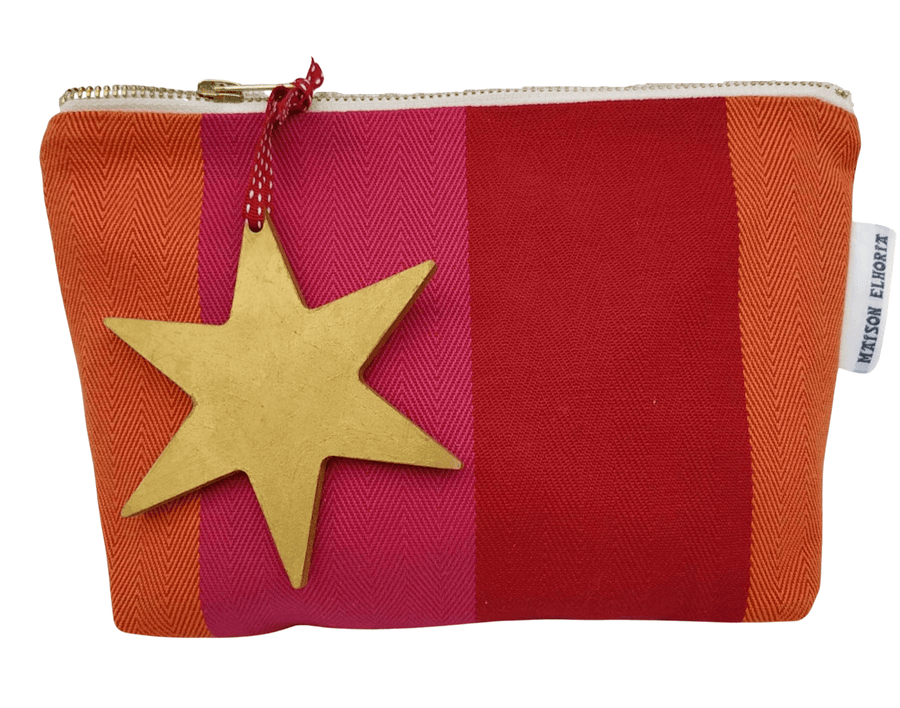 Premium British-made red orange pink toiletry bag, stylish waterproof zip pouch with herringbone stripes, organic cotton, 8 inch compact travel organizer by Maison Elhoria at brixbailey.com