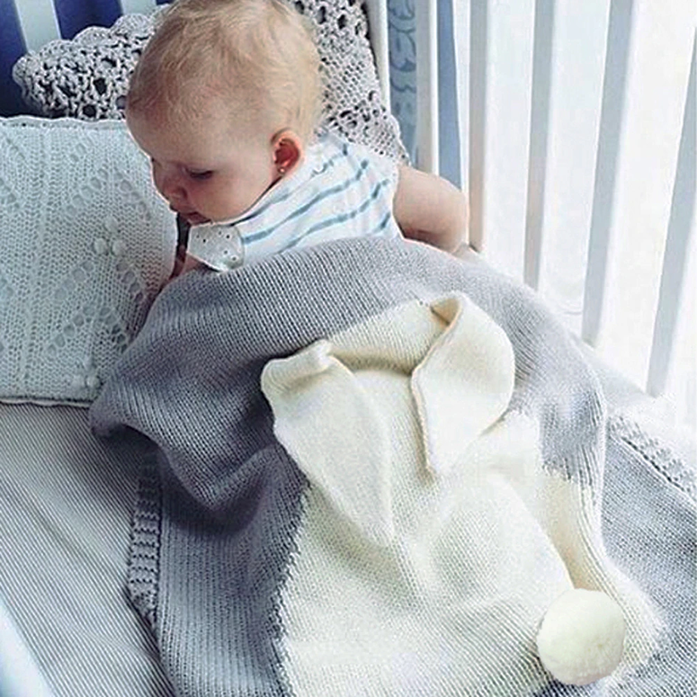 Cute Bunny Knitted Baby Blanket - Soft Acrylic, White & Gray, 41x29 Inches by Baby Lamby at brixbailey.com