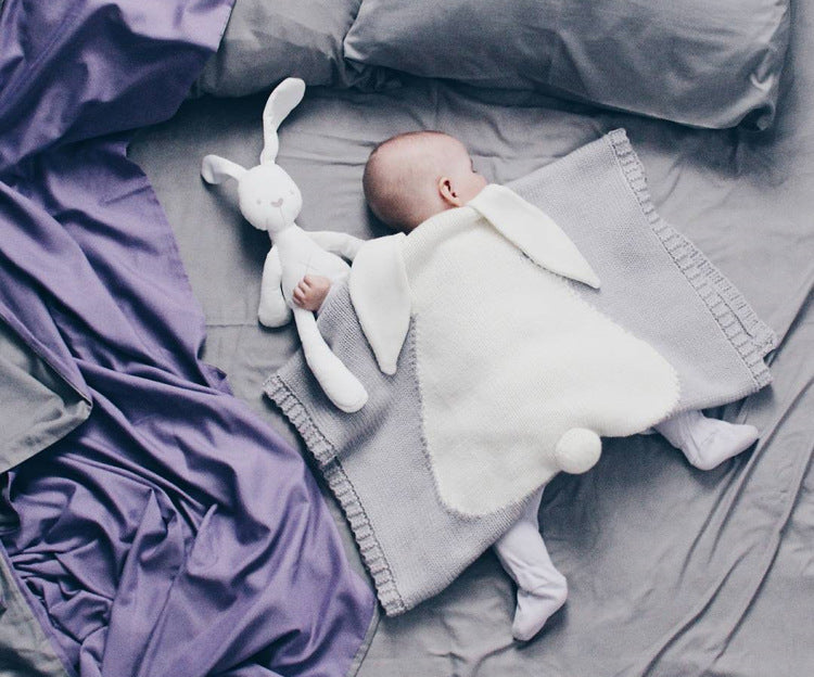 Cute Bunny Knitted Baby Blanket - Soft Acrylic, 41x29 Inches, White & Gray Cozy Sleep Blanket by Baby Lamby at brixbailey.com