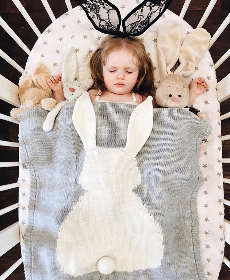 Cute Bunny Knitted Baby Blanket - Soft Acrylic, White & Gray, 41x29 Inch Warm Sleep Blanket by Baby Lamby at brixbailey.com
