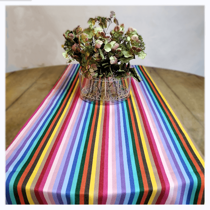 Luxury rainbow table runner, premium 100% cotton, handcrafted in England, stylish striped design, best-selling party decor, 2.5m long by Maison Elhoria at brixbailey.com