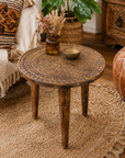 Rawlan Carved Wooden Side Table Burnt Finish