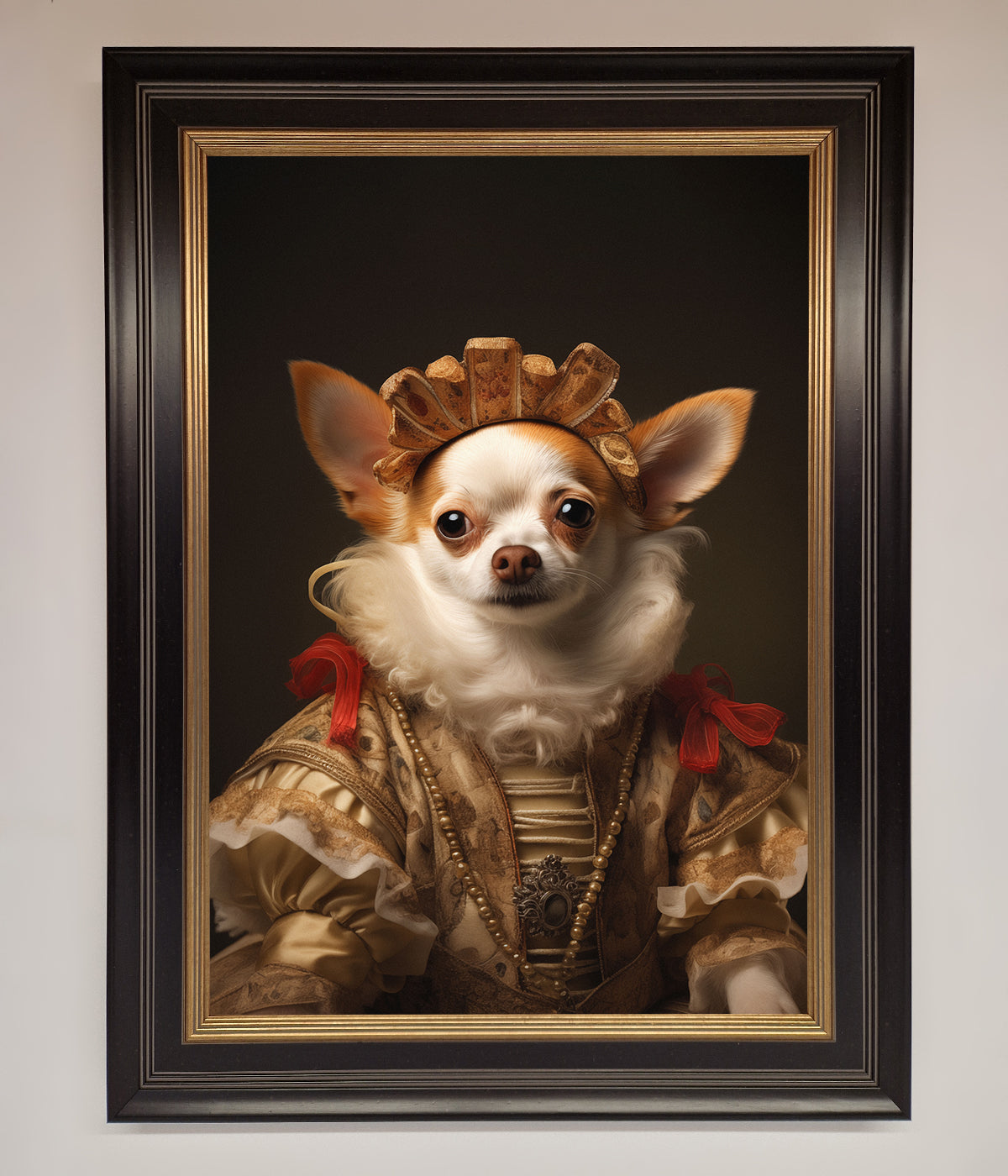 Renaissance Chihuahua framed print, luxury historical art with humorous charm, stylish home decor, premium handcrafted wall art by Zestio at brixbailey.com