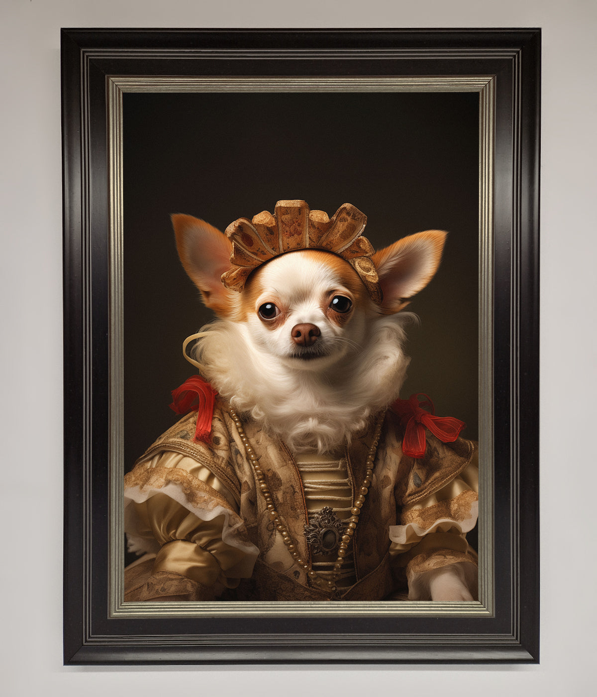 Renaissance Chihuahua framed print, humorous historical art, premium handcrafted home decor, stylish classic dog portrait by Zestio at brixbailey.com