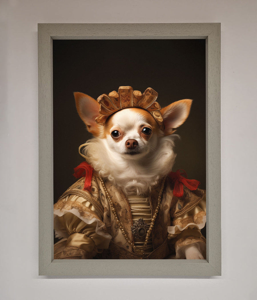 Renaissance Chihuahua framed print, stylish historical art with premium frame, humorous dog decor, best-selling home accent by Zestio at brixbailey.com