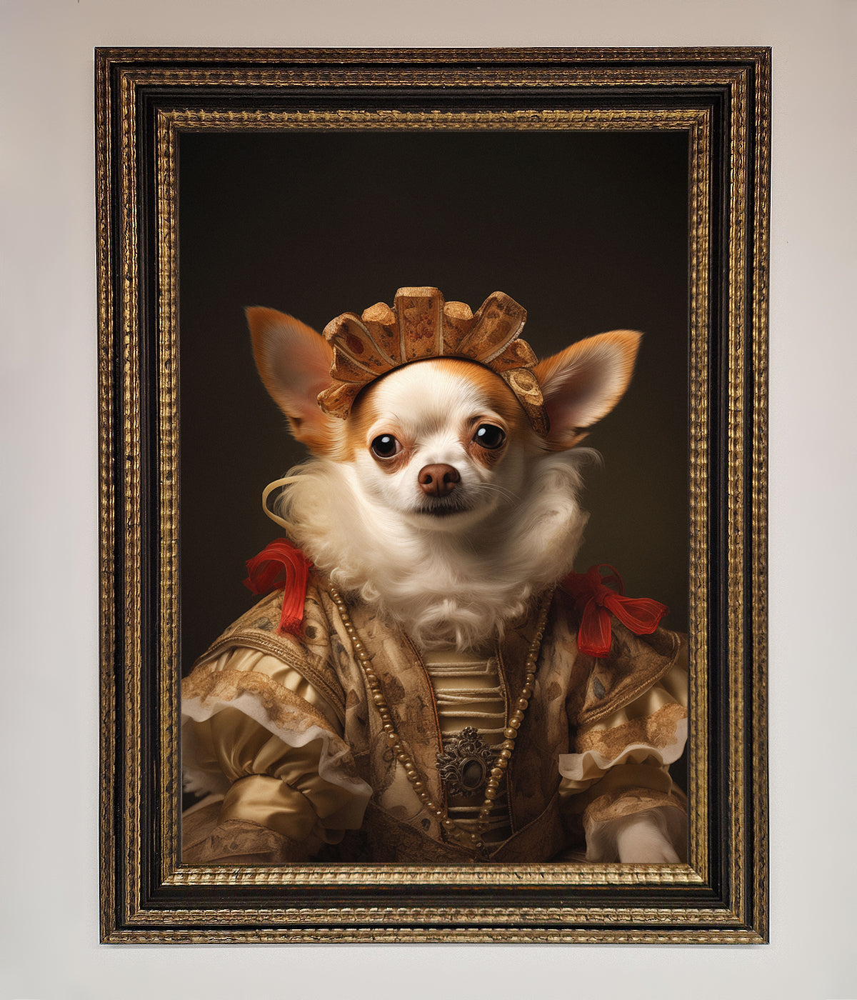 Renaissance Chihuahua framed print, humorous historical art, premium handcrafted home decor, stylish classic dog portrait by Zestio at brixbailey.com