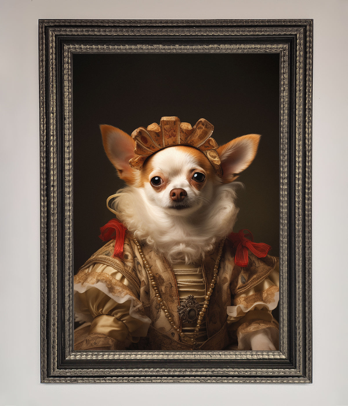 Renaissance Chihuahua framed print, luxury historical art with humorous charm, stylish home decor, premium handcrafted frame by Zestio at brixbailey.com