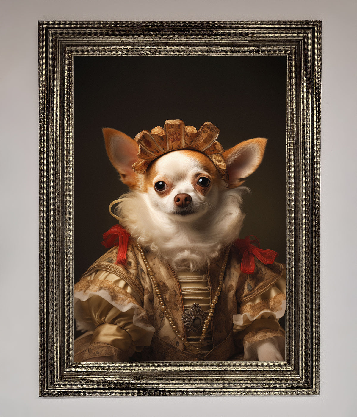 Renaissance Chihuahua framed print, stylish humorous dog art, premium home decor, classic historical charm by Zestio at brixbailey.com