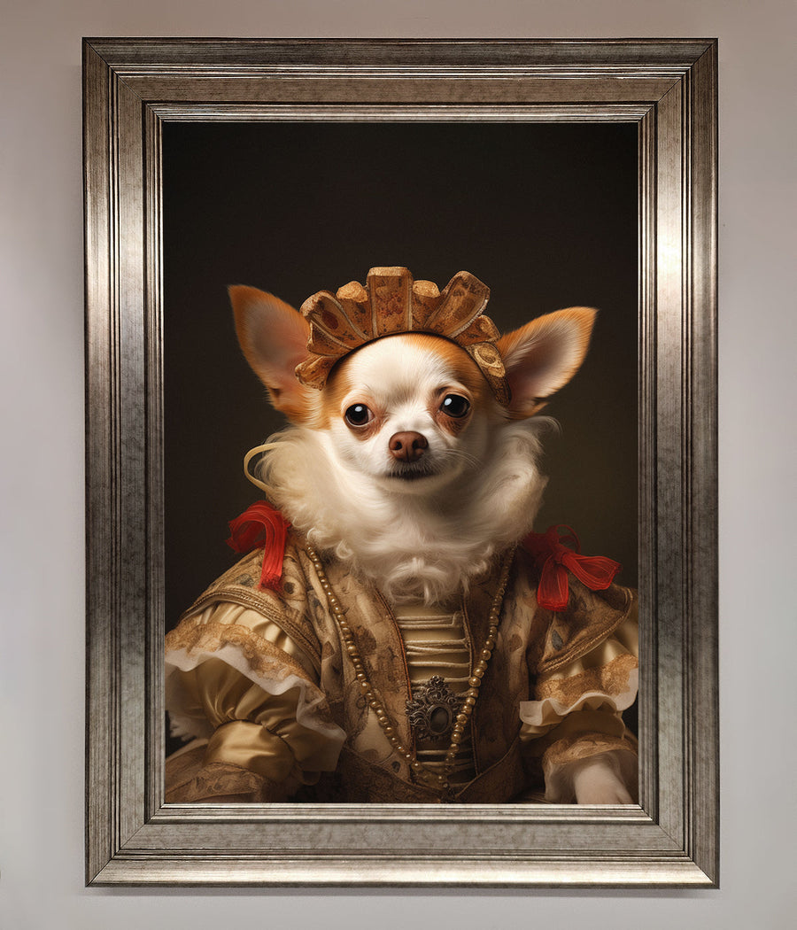 Renaissance Chihuahua framed print, humorous historical art, premium handcrafted home decor, stylish classic dog portrait by Zestio at brixbailey.com