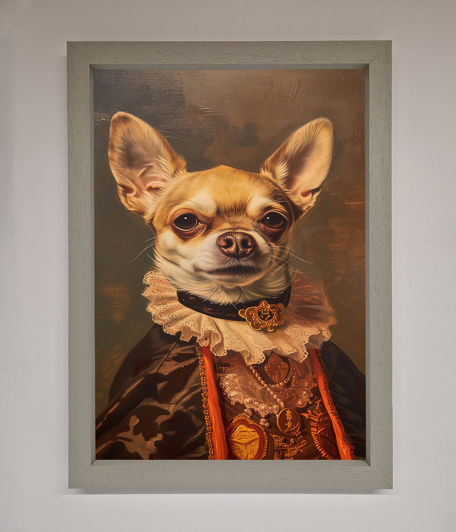 Luxury Renaissance Chihuahua framed print, classic art with modern whimsy, elegant playful dog wall decor, premium home office art by Zestio at brixbailey.com